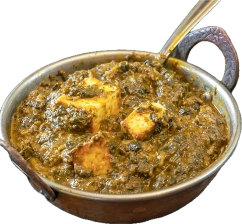 Dairy based minced spinach with fried cheese cubes in creamy sauce. Served with lentil soup and rice or plain naan.